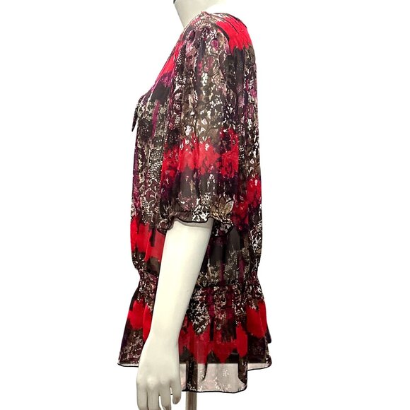 AGB XL Sheer Lace Tunic Red Black Snake Tie Neck Blouse Romantic Abstract Print - Picture 4 of 11